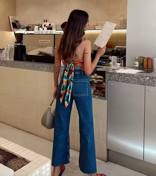 Jeans avec jambe large et taille haute