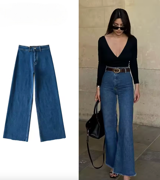 Jeans avec jambe large et taille haute