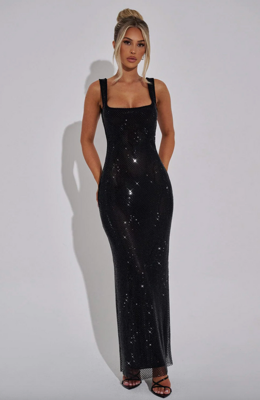 Robe longue en filet avec strass