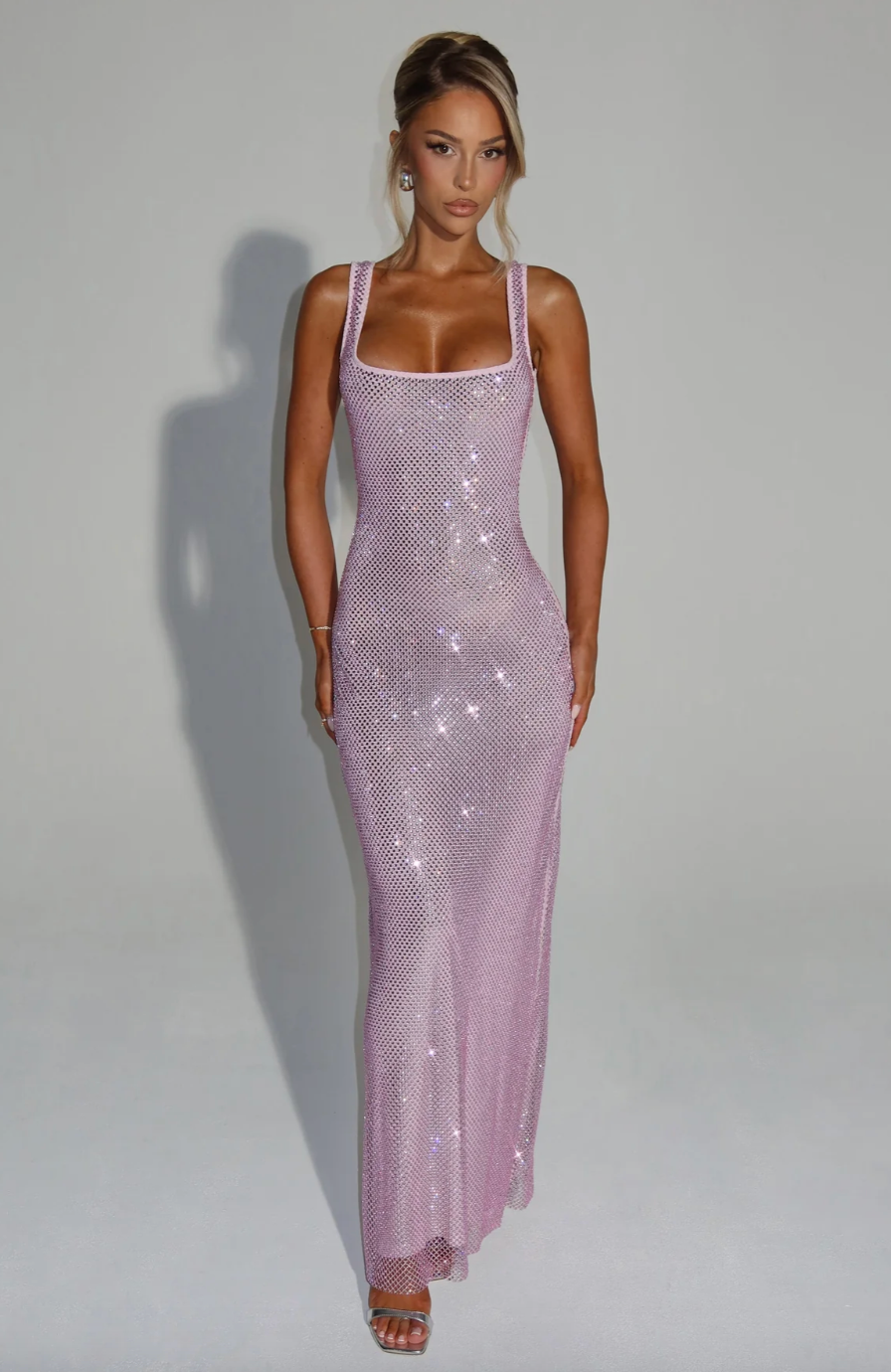Robe longue en filet avec strass