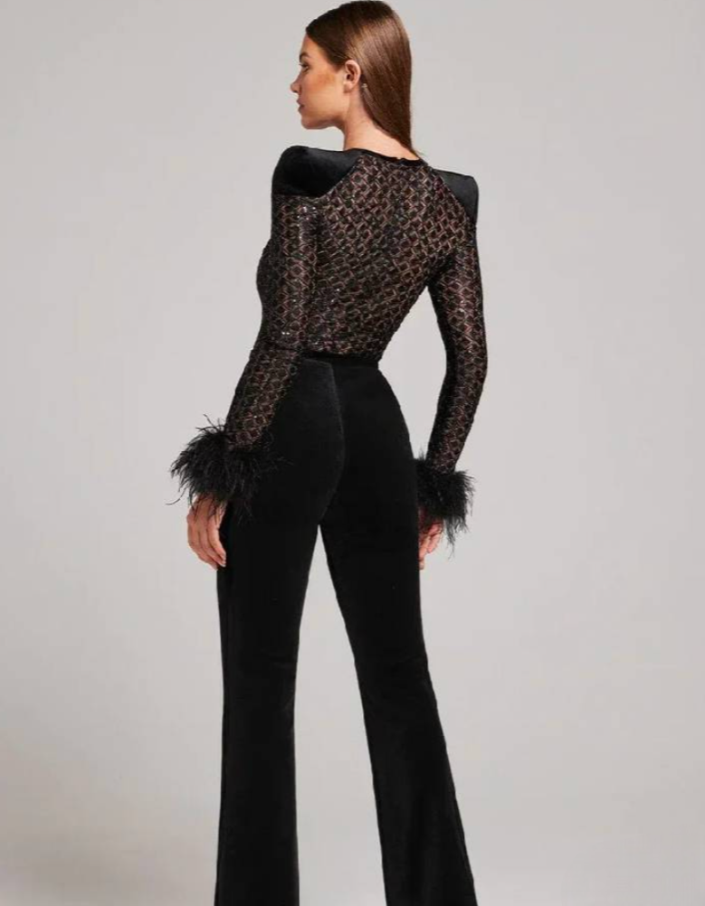 Combinaison soirée avec haut en transparence