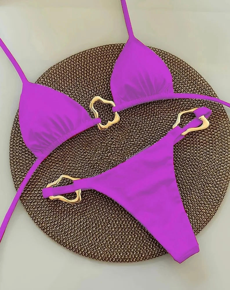 Bikini sexy – Maillot de bain deux pièces uni avec laçage